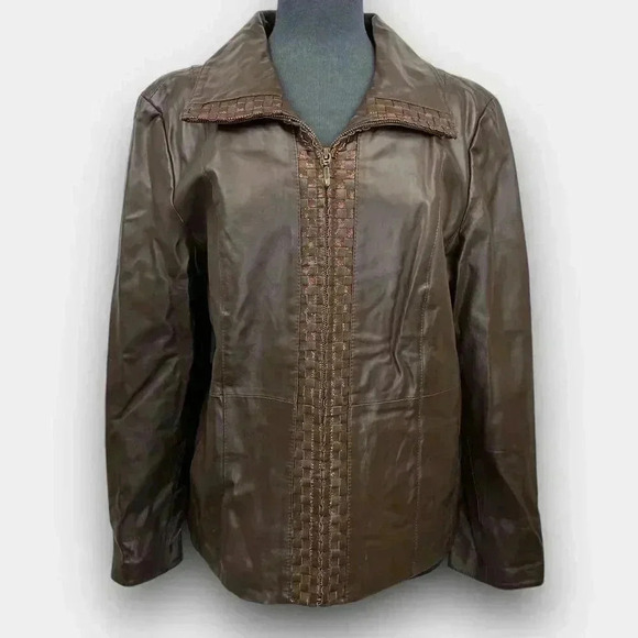 Guillaume Leather Jacket Large – Brown Basket-Weave Trim,‎ Genuine Leather - Picture 1 of 11